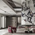 Duplex Living Room Interior With Marble Accent Wall Bookshelves And Fireplace