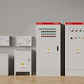 White Industrial Control Cabinets Various Sizes With Red Labels And Warning Signs 3d model