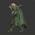 Fantasy Woman in Green Armor and Cloak Crouching with Blue Crystal Staff and Magic Orb