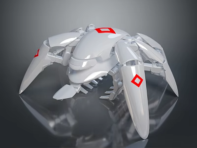White Mechanical Spider Robot With Multiple Legs Red Square Markings And Smooth Surface 3d model