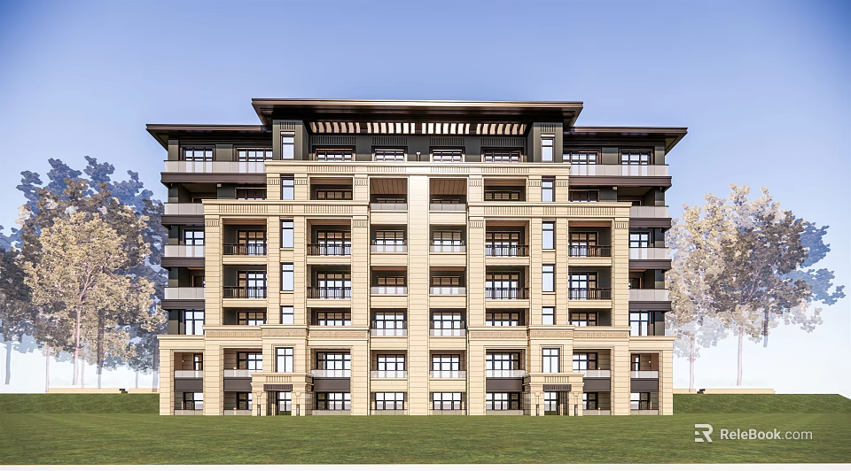 Modern Multistory Residential Building Exterior With Windows Balconies And Green Surroundings 3d model 