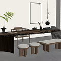 Natural Wooden Tea Table And Chairs With Tea Set Potted Fern Stone Decoration And Mirror