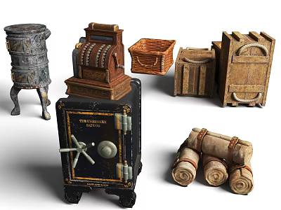 Vintage Decorative Ornament Set With Safe Abacus Wooden Bucket Boxes And Scrolls 3d model