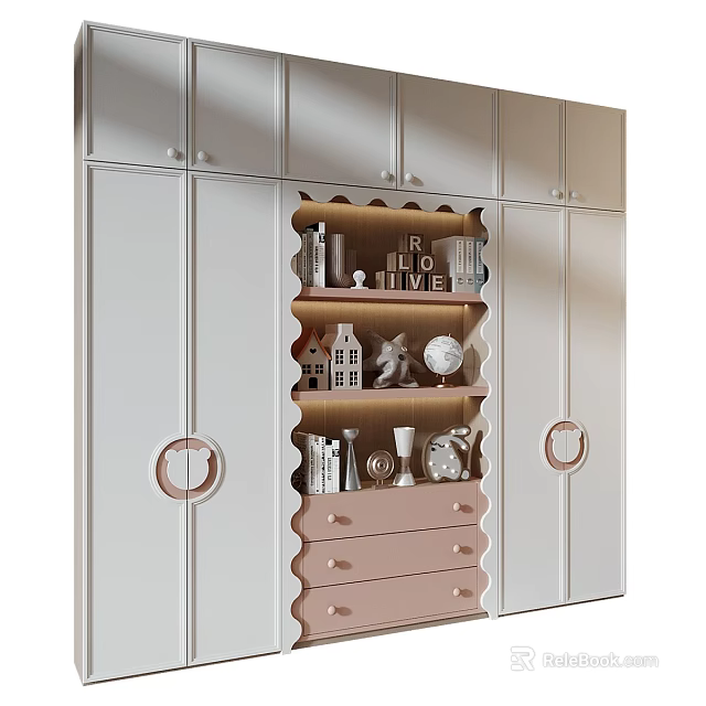 Modern Elegant Bookcase With Mirrored Doors Open Shelves And Decorative Ornaments 3d model 