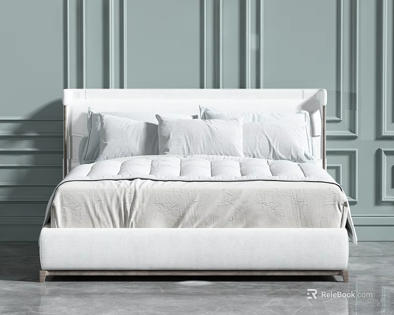 Modern Double Bed With White Upholstered Headboard And Plush Pillows In Minimalist Interior 3d model 