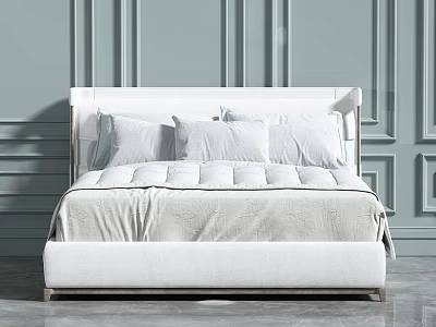 Modern Double Bed With White Upholstered Headboard And Plush Pillows In Minimalist Interior 3d model