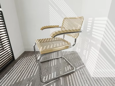 Modern Beige Rattan Single Chair With Metal Frame And Sunlight Shadow Interior Design 3d model
