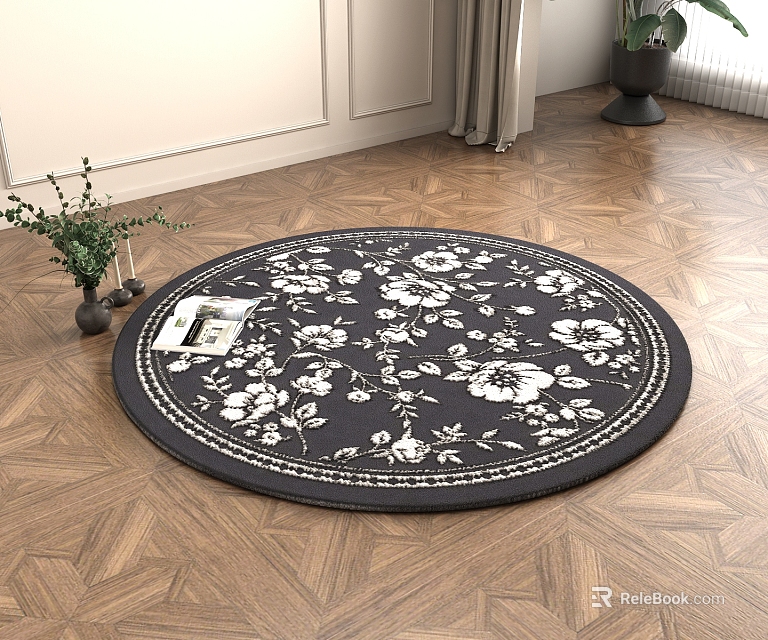 Round Rug with Black and White Floral Pattern on Wooden Floor 3d model 
