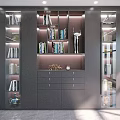 Modern Bookcase Design With Glass Doors LED Lighting Shelves Drawers And Decorative Items