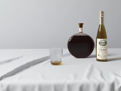 Two Glass Wine Bottles And Whiskey Glass With Drink On White Tablecloth 3d model