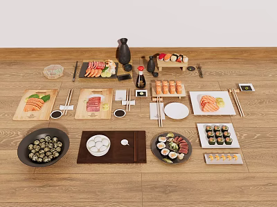 Assorted Japanese Sushi Sashimi on Cutting Boards with Soy Sauce Wasabi Ginger and Chopsticks 3d model