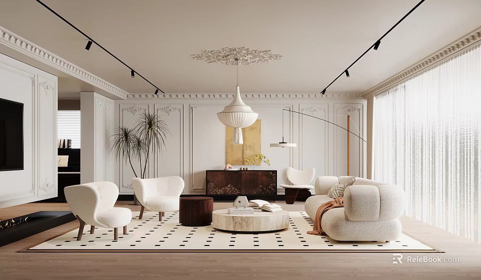 Elegant Modern Living Room Interior With White Sofa Armchairs Pendant Light And Patterned Rug 3d model 