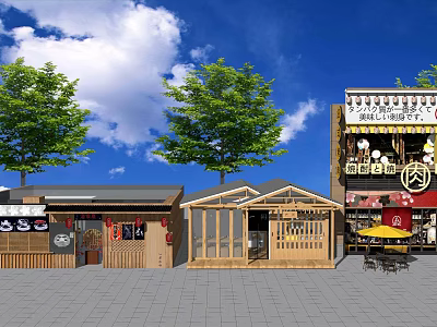 Traditional Commercial Street With Wooden Shops Storefronts Trees And Outdoor Seating 3d model