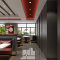 Stylish Restaurant Interior With Red Decor Red Pendant Lights Gray Counters And Marble Flooring