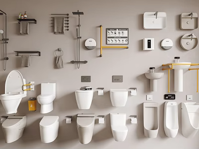 Modern Bathroom Fixtures Display Featuring Various Toilet Types Urinals Sinks And Towel Racks 3d model