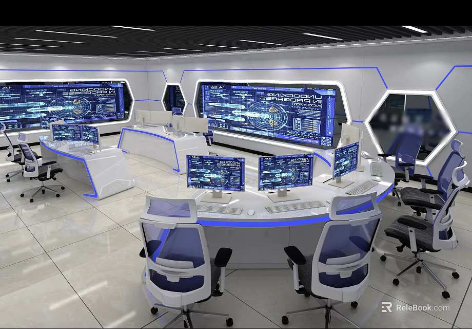 Modern Monitoring Room Control Center With Multiple Screens And Ergonomic Chairs 3d model 