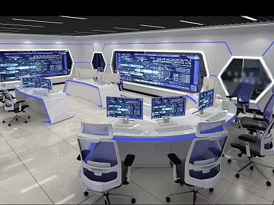 Modern Monitoring Room Control Center With Multiple Screens And Ergonomic Chairs 3d model