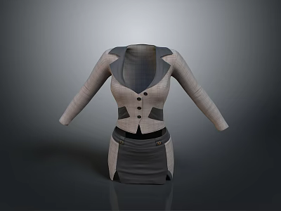 Women's Gray Beige Professional Blazer Skirt Set With Button Front Lapel Collar 3d model