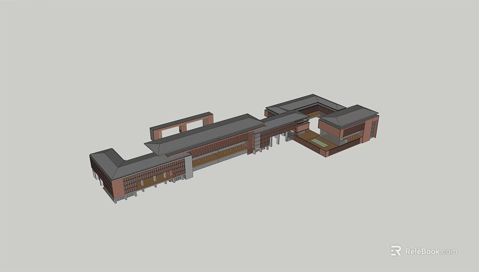 Detailed Modern Architectural Model with Long Rectangular Structure Connected Sections and Open Courtyard 3d model