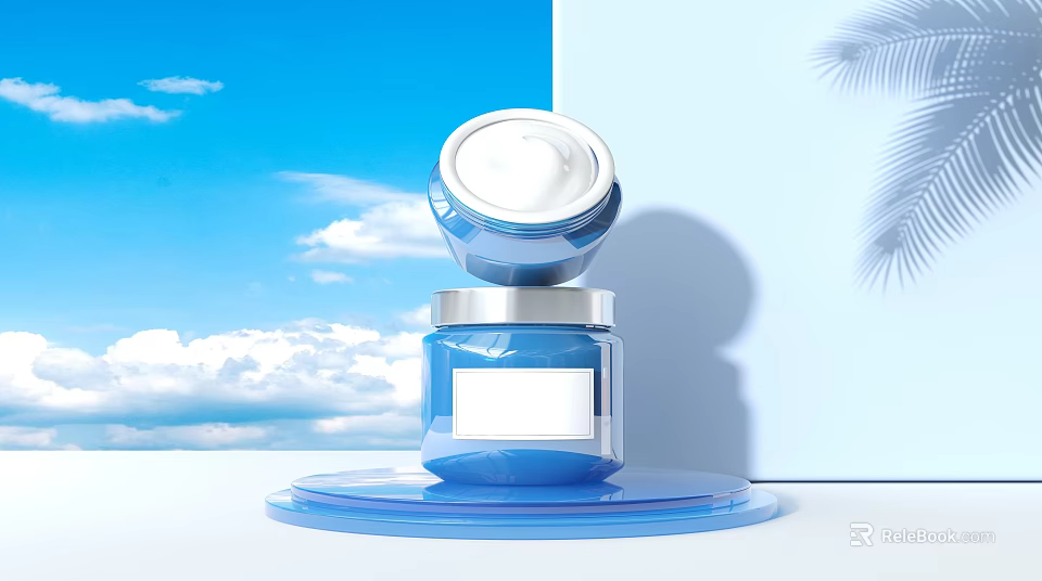 Blue Cosmetics Jar With White Lid On Platform Against Blue Sky Clouds And Palm Leaves 3d model 