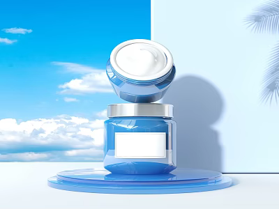 Blue Cosmetics Jar With White Lid On Platform Against Blue Sky Clouds And Palm Leaves 3d model