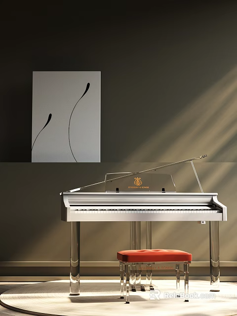 White Piano Musical Instrument With Wall Painting Featuring Black Lines Artwork 3d model 