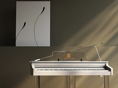 White Piano Musical Instrument With Wall Painting Featuring Black Lines Artwork 3d model