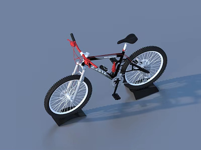 Red and Black Mountain Bicycle With White Wheels Black Seat Stand Support Gray Background 3d model