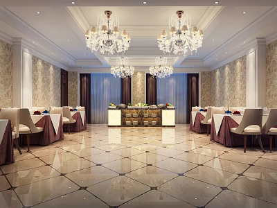 Luxurious Restaurant Interior Design Featuring Chandeliers Marble Floor Dining Tables And Decorative Walls 3d model