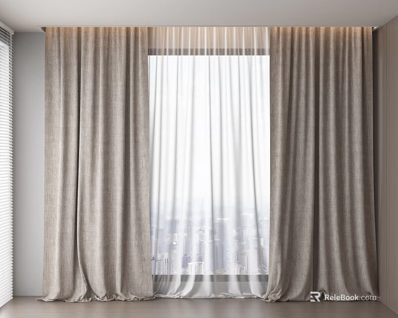 Light Gray Thick Curtains With White Sheer For Modern Window City View 3d model 