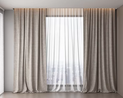 Light Gray Thick Curtains With White Sheer For Modern Window City View 3d model