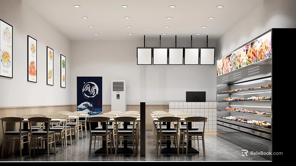 Modern Restaurant Interior With Wooden Tables Chairs Decorative Paintings And Food Display Shelves 3d model 