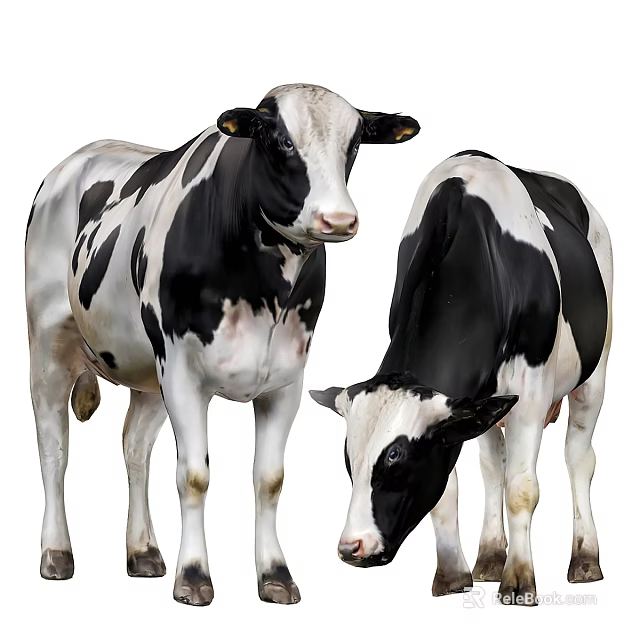 Two Black And White Holstein Cows Standing Side By Side Outdoors 3d model