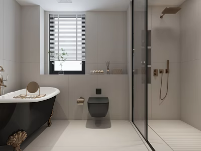 Minimalist Modern Bathroom With Clawfoot Tub And Glass Shower 3d model