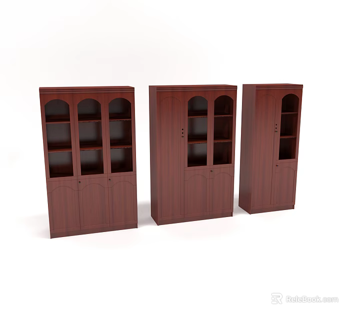 Three Dark Brown Wooden Bookcases With Glass Doors Open Shelves And Cabinet Design 3d model 