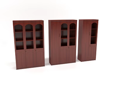 Three Dark Brown Wooden Bookcases With Glass Doors Open Shelves And Cabinet Design 3d model