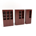 Three Dark Brown Wooden Bookcases With Glass Doors Open Shelves And Cabinet Design
