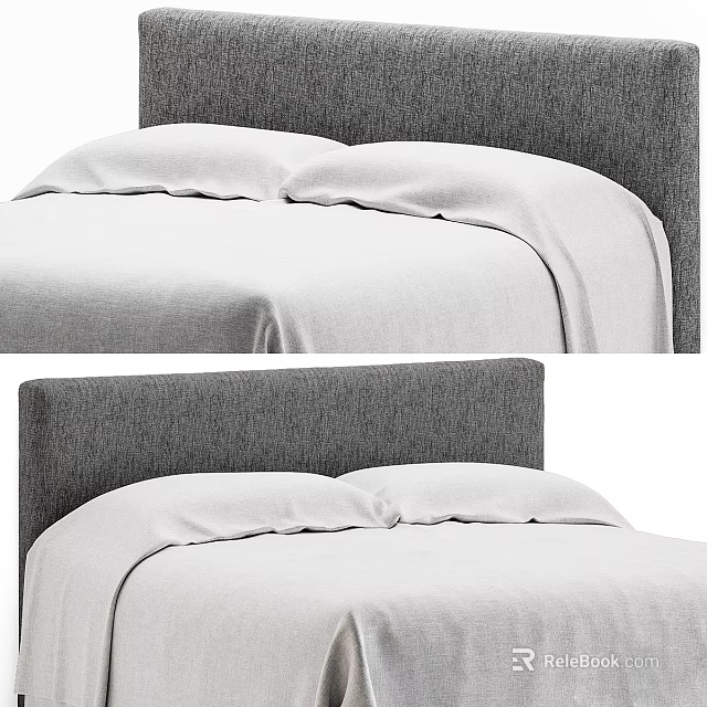 Double Bed with Gray Upholstered Headboard White Sheets and Neatly Placed Pillows 3d model 