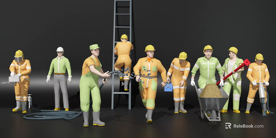 Construction Workers in Safety Gear Working with Ladder Wheelbarrow and Tools 3d model