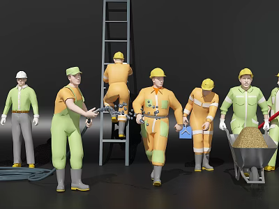 Construction Workers in Safety Gear Working with Ladder Wheelbarrow and Tools 3d model