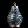 Traditional Chinese Blue Wine Bottle With Golden Dragon Phoenix Patterns And Ornate Handles