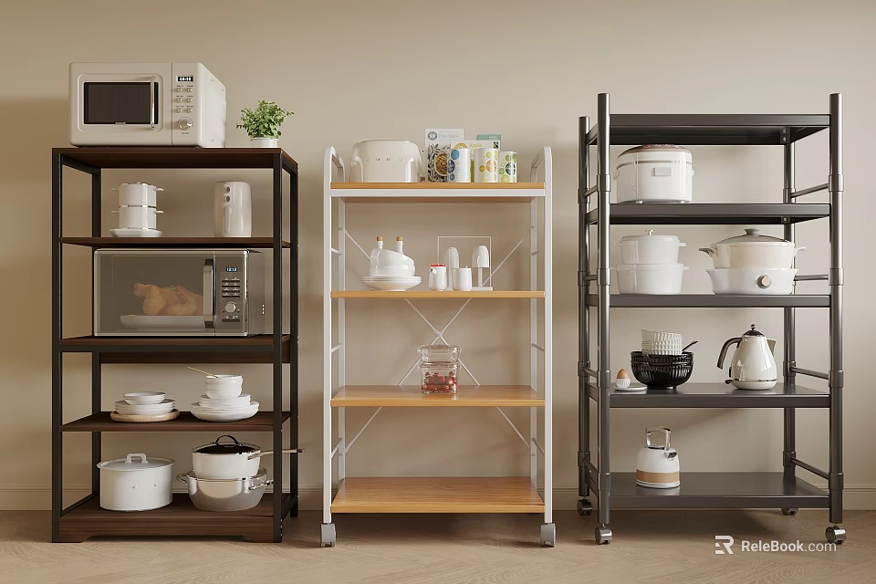Kitchen Storage Shelves With Microwave Bowls Pots Jars And Green Plant 3d model 