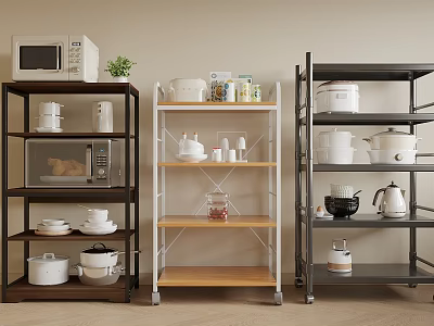 Kitchen Storage Shelves With Microwave Bowls Pots Jars And Green Plant 3d model