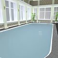 Indoor Swimming Pool Interior With Large Windows Green Plants Decorative Walls And Floor Tiles
