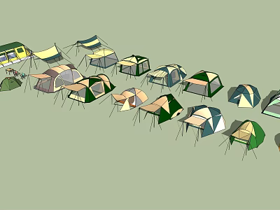 Various Colorful Tents In Different Styles Arranged For Outdoor Camping Activity 3d model