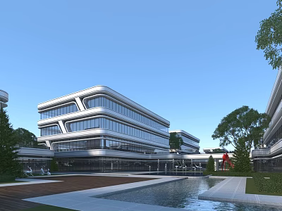 Modern Office Building With Glass Curtain Wall Greenery Pool And Courtyard 3d model