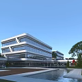 Modern Office Building With Glass Curtain Wall Greenery Pool And Courtyard