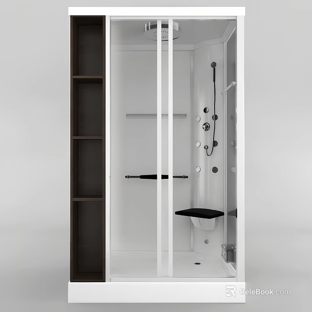 Modern Shower Sauna Interior With Glass Door Dark Storage Shelves And Built in Seat 3d model 