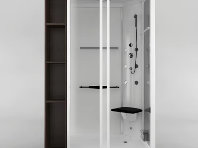 Modern Shower Sauna Interior With Glass Door Dark Storage Shelves And Built in Seat 3d model