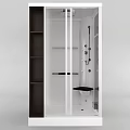 Modern Shower Sauna Interior With Glass Door Dark Storage Shelves And Built in Seat
